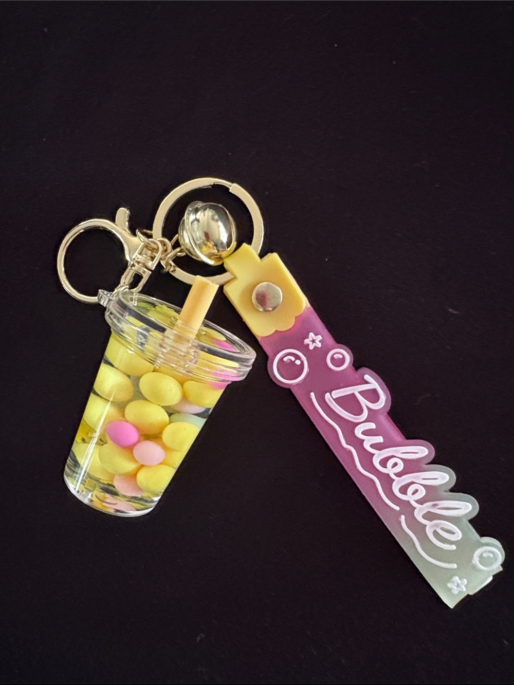 Bubble Drink Boba Tea Bag Charm Keychain — Pink, Yellow & Cream
